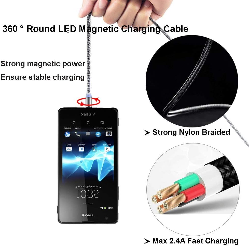 TAiKOOL Magnetic Phone Charger Charging Cable,360° Round,Max 2.4A Fast Charging,LED Indicator, Compatible for Micro USB Android Devices Cell Phone Pad Tablet. (2 Pack for Micro USB Android)