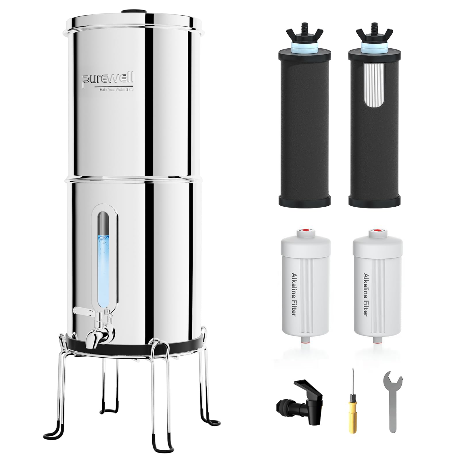 Purewell 2.25G Gravity Water Filter System with Water Level Window, 7-Stage 0.01μm Ultra-Filtration Countertop System with 4 Filters and Stand, Reduce Fluoride & Chlorine, Up to pH 9, PW-KS-FT
