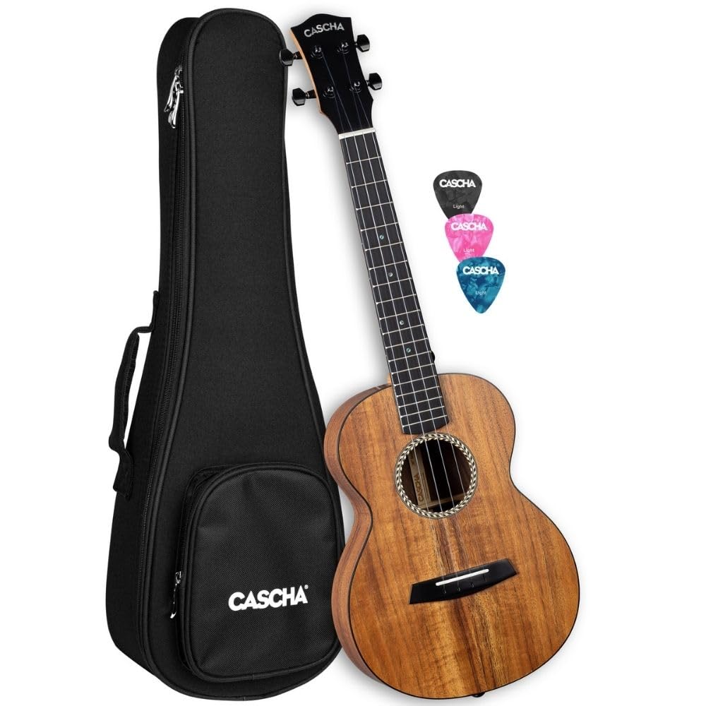 Cascha Solid Top Acacia Konzert Ukulele Erwachsene & Kinder - inkl. 3 Plektren & gepolsterter Tasche - Ukulele für Anfänger & Fortgeschrittene - hochwertige Carbon-Saiten - Top Qualität