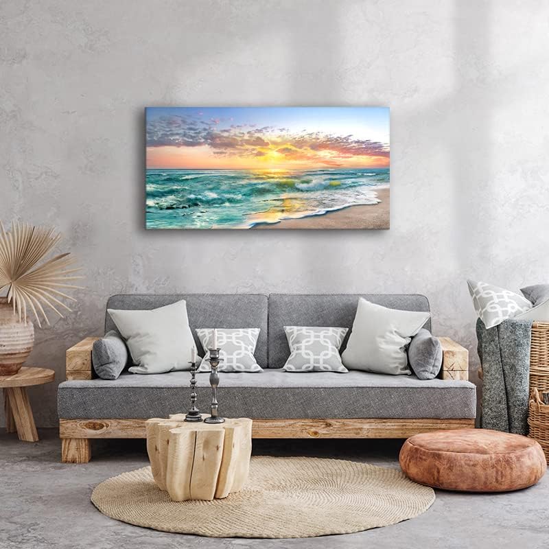 Ocean Beach Pictures for Wall Decor- Wall Art for Living Room Large Size Above Bed- Framed Teal Blue Beach and Sand Pictures Canvas Print Art for Bedroom Home Office Wall Décor 48"x24" Color A 47.3L" x 23.6W"