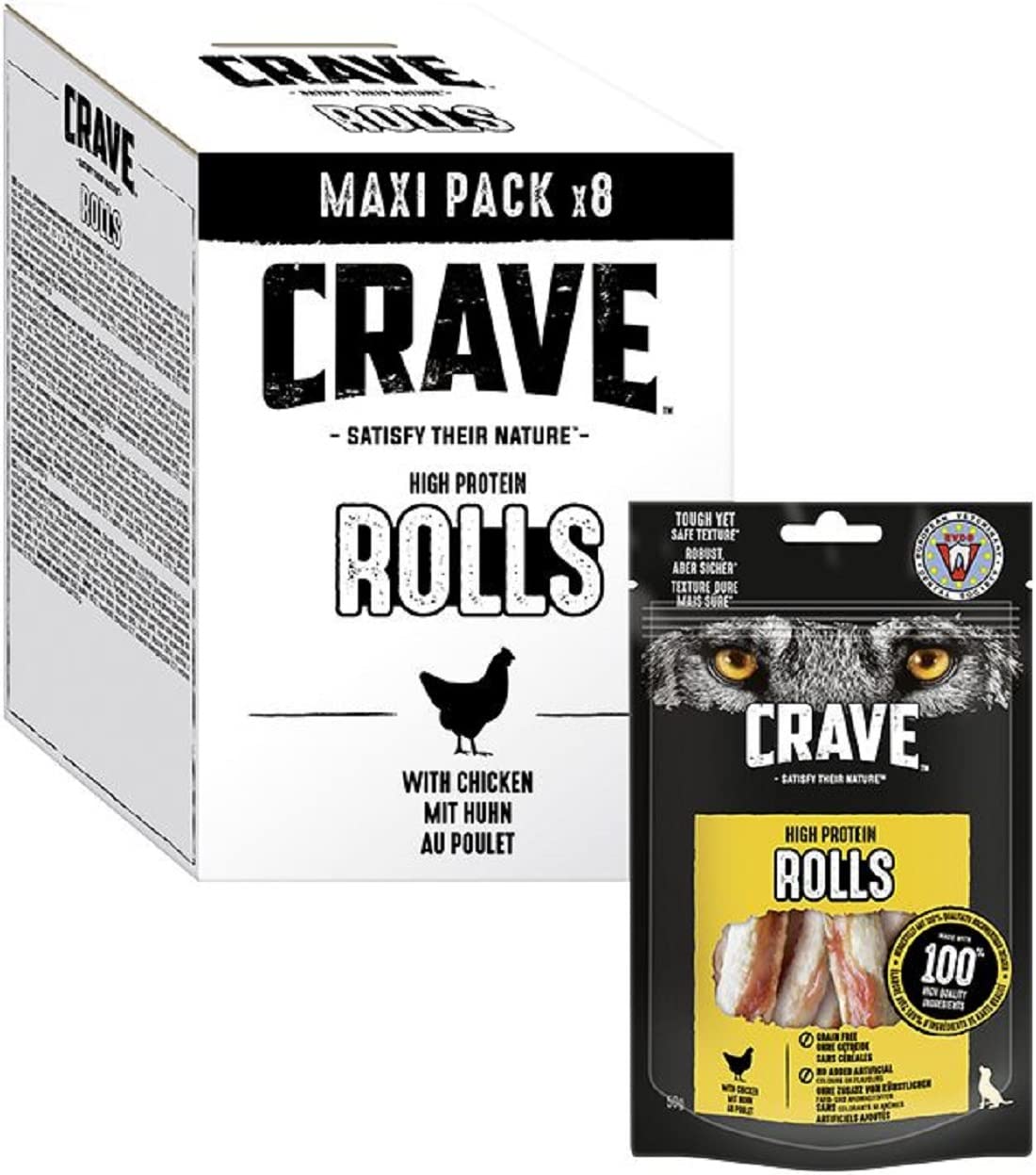 CraveProtein Rolls 8 x 50 g Snacks, Dog Treats Chicken with high Protein, Grain-free