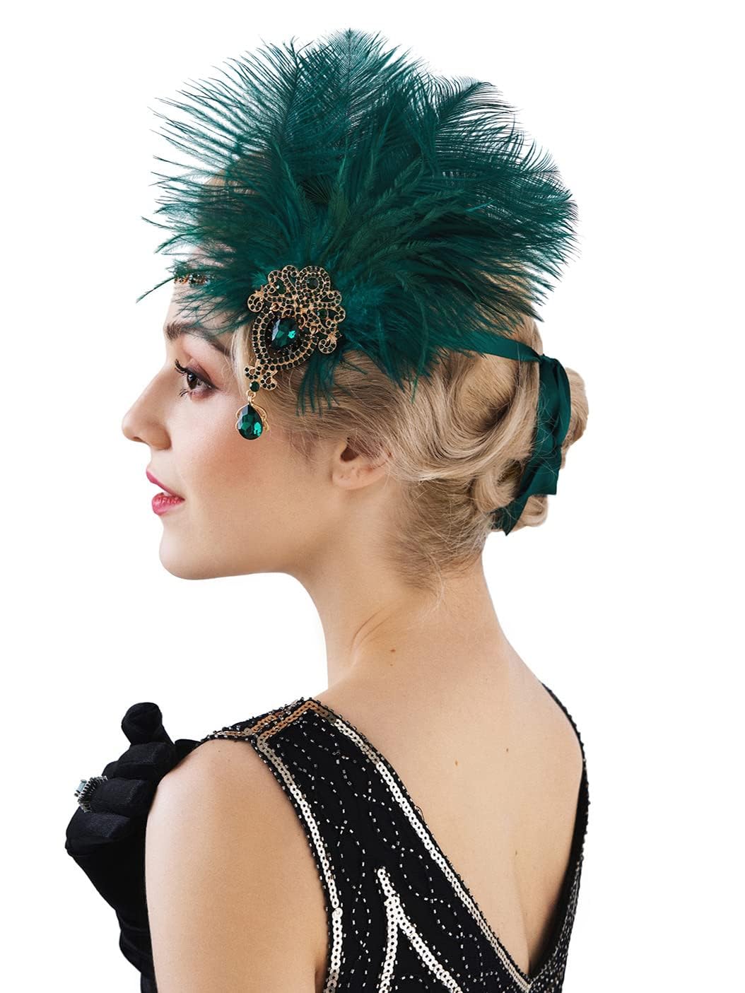 Azonee 1920s Feather Headpiece, Womens Ostrich Feather Crystal Headband, Great Gatsby Hair Accessories for Women, Ribbon Tie, Flapper Accessories, Art Deco Headpiece (Dark Green)