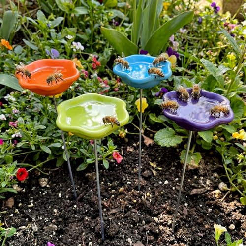 Ferrochef 4 Pack Resin Bee Watering Station for Garden Butterfly Bath Cups Outdoor Garden Yard Bee Feeders Stakes Decor for Thirsty Pollinators Insects Plastic Free Attracting Glaze