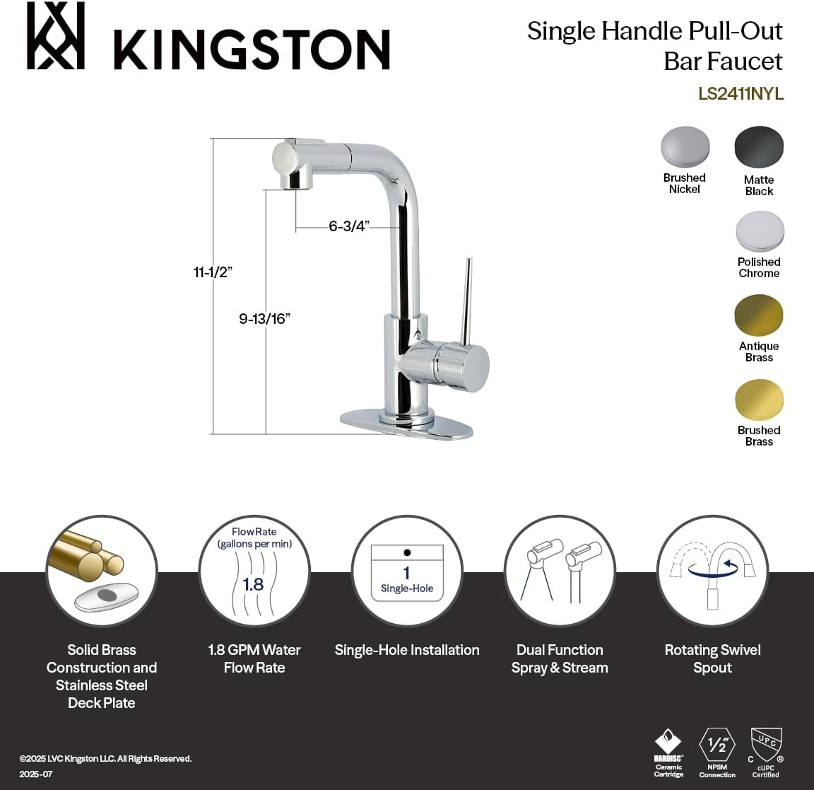 Kingston Brass LS2413NYL New York Single-Handle Pull-Out Bar Faucet, Brushed Brass