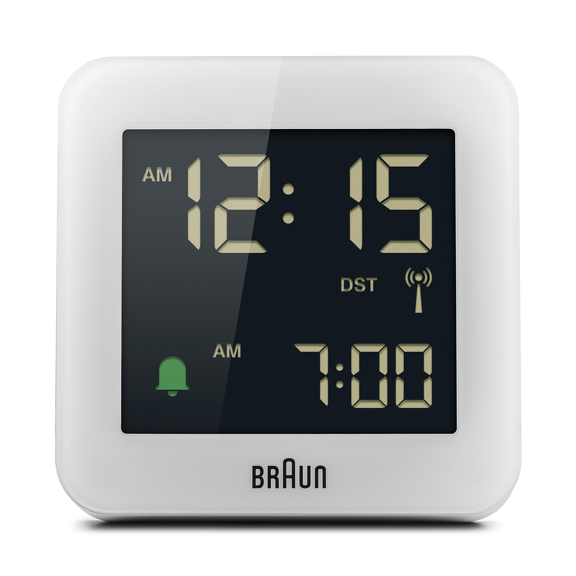 Braun Digitaler Funkwecker Mitteleuropäische Zeitzone (MEZ) mit Schlummerfunktion, Negatives LC-Display, Schnelleinstellfunktion, Crescendo-Alarm in Weiß, Modell BC09W-DCF.