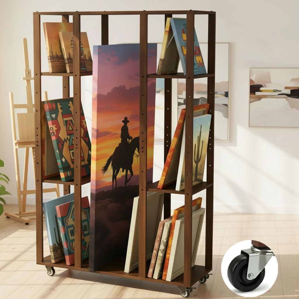 Extra Large Art Storage Rack with Wheels - Adjustable Wood Drying and Display Rack for Panels, Canvas and Artworks, Multi-Tier Art Organizer for Classroom, Studios and Galleries (Walnut)