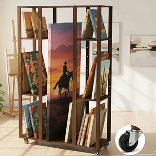 Extra Large Art Storage Rack with Wheels - Adjustable Wood Drying and Display Rack for Panels, Canvas and Artworks, Multi-Tier Art Organizer for Classroom, Studios and Galleries (Walnut)