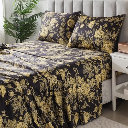 Image of FADFAY Rose Sheets Set Full Vintage Black Gold Floral Bedding Shabby Peony Botanical Sheets Luxury Farmhouse Bedding 800 Thread Count 100% Egyptian Cotton Deep Pocket Fitted Sheet 4Pcs, Full Size