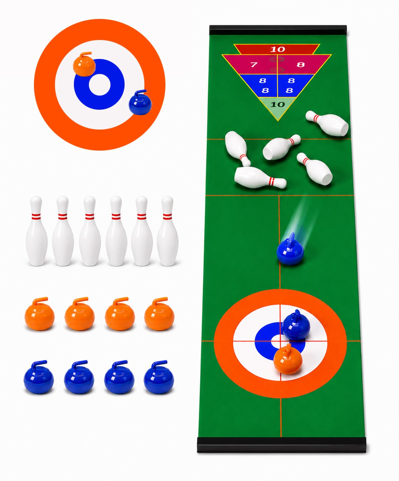 TINGLAN 3 in 1 Tabletop Curling Bowling Game Portable Team Board Game for Family Party Tabletop Curling Stones for Office Home, 8 Curling Stones, 6 Bowling Pins
