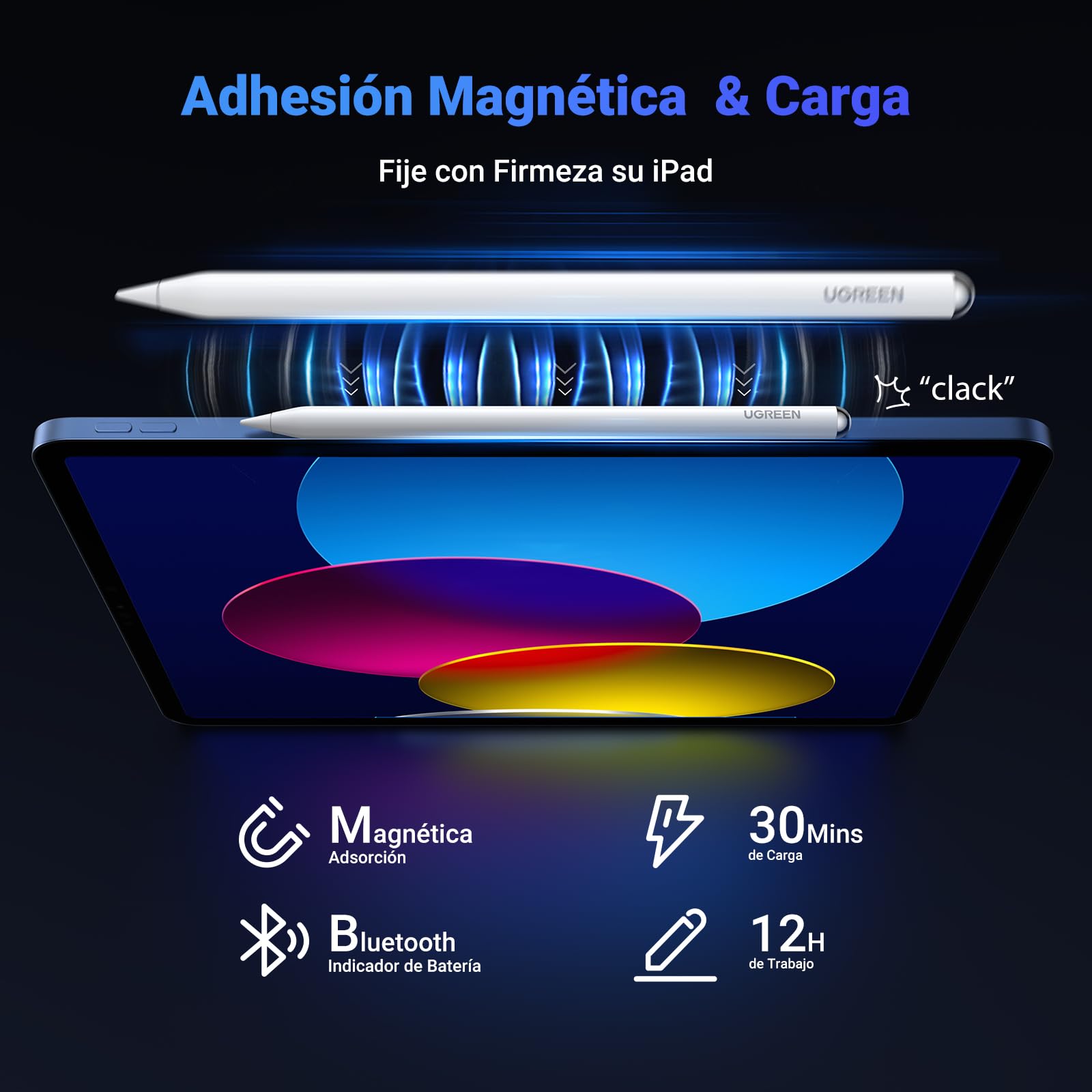 UGREEN Lápiz para iPad Carga Inalámbrica, Pencil Magnético para Tableta con Rechazo de Palma y Sensible a La Inclinación Compatible con Pro 12.9/11" 2018-2022/Air 4/5/10/Mini 6