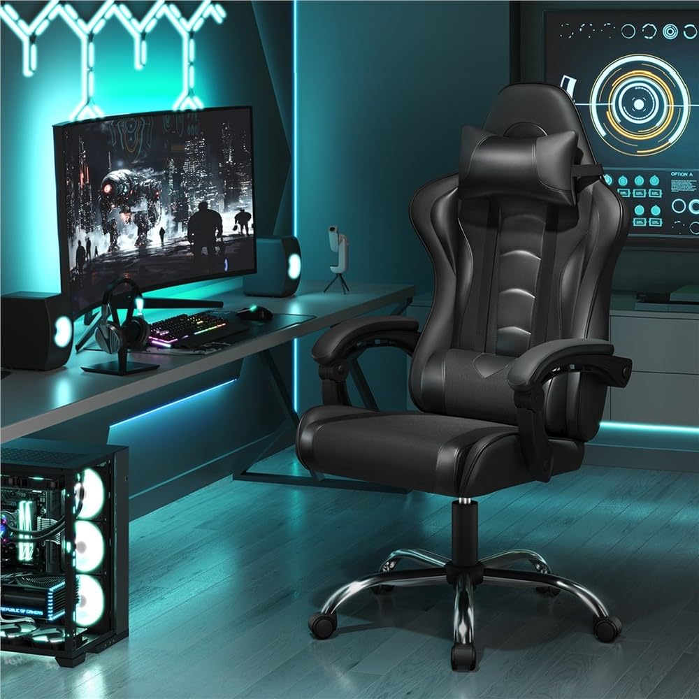 Yaheetech Gaming-Stuhl Ergonomischer Gaming Sessel mit Massagefunktion Computerstuhl Bürostuhl mit Wippfunktion von 125° verstellbar Gamer Stuhl für für Homeoffice und Gaming Schwarz – Bild 2