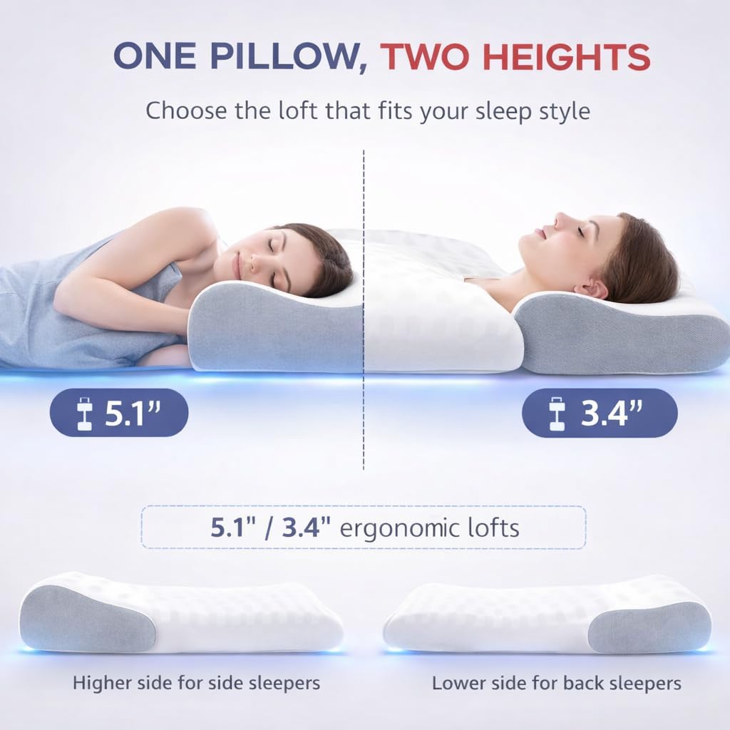 Memory Foam Pillow for Neck Pain, CertiPUR-US® Cervical Neck Pillow with Dual-Height Design, Cooling Cover, 3D Ergonomic Support & Odor-Free Tech for Side/Back/Stomach Sleepers (White)