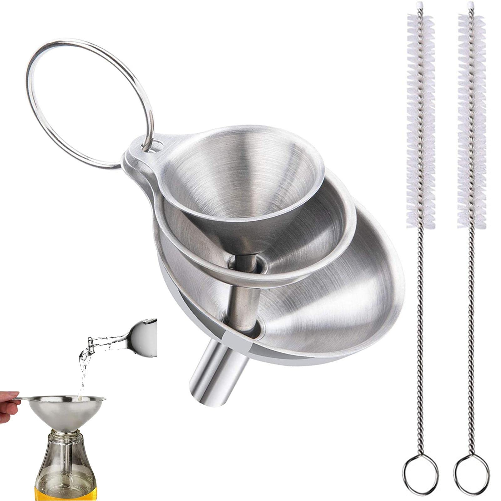 Juego de 3 embudos de metal de acero inoxidable, embudos grandes y pequeños de grado alimenticio para cocina, utensilios de cocina para aceites, especias líquidas, ingredientes secos,