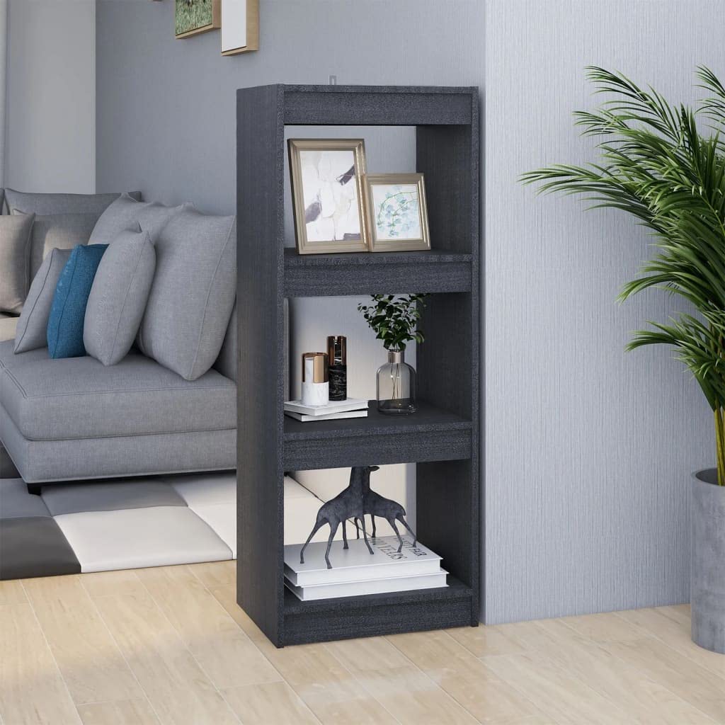 Bücherregal Grau aus Massivholz Kiefer, 40x30x103,5 cm, 3 geräumige Fächer für Bücher und Dekoration, vielseitig als Raumteiler nutzbar, pflegeleicht mit feuchtem Tuch