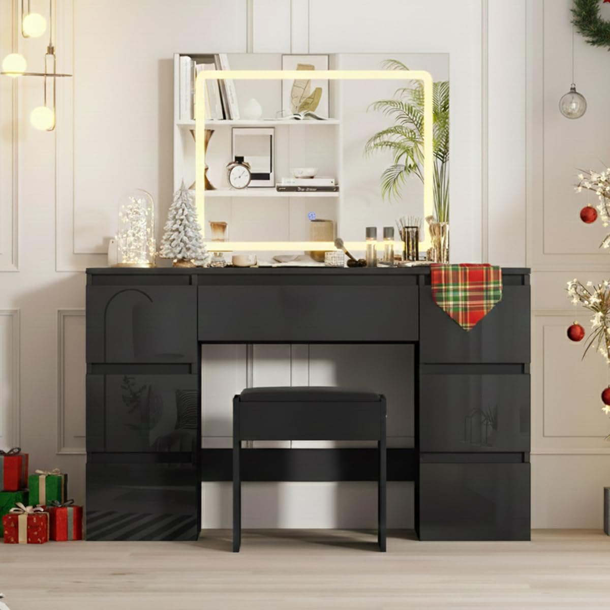 LSBIKE Full High Gloss Dressing Table with Mirror and Stool 7 Drawers White/Black Vanity Desk with LED Light Makeup Desk Bedroom Vanity Desk Set Ideal for Girls and Women Bedroom Furniture (Black)