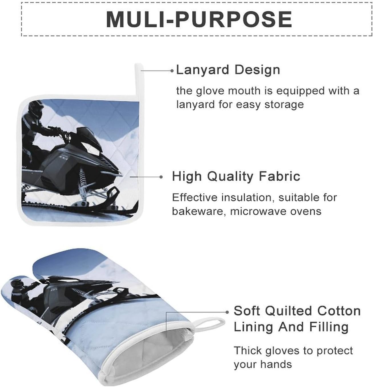 4-Piece Oven Mitts and Pot Holders Set Snowmobile Printed Heat-Resistant Polyester Kitchen Gloves and Potholders Comfortable & Durable for Cooking Baking and Grilling