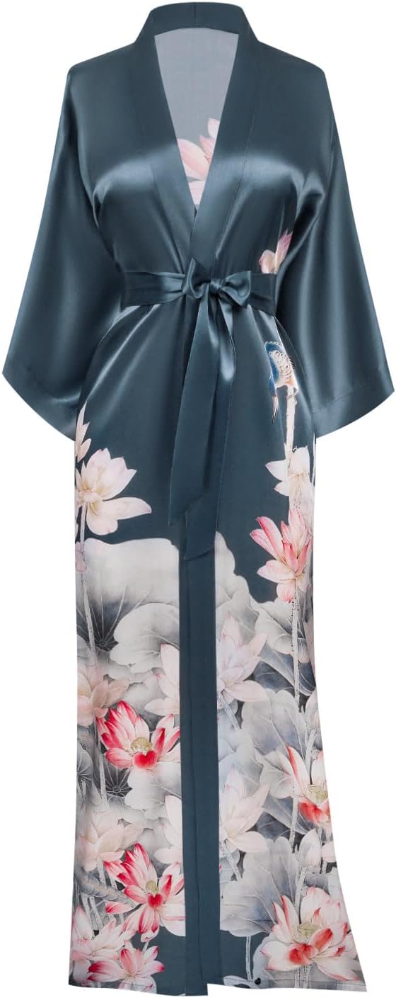 Luxury 100% Mulberry Washable Silk Kimono Robe for Women | Long Floral Robe | Original Design