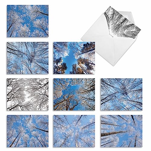 Image of The Best Card Company - 10 Holiday Note Cards for Christmas - Festive Bulk Assortment, Boxed Notecards with Envelopes (4 x 5.12 Inch) - Snow Tops M10017XS