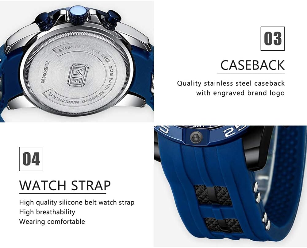 MF MINI FOCUS Men Watch, Chronograph Waterproof Sport Analog Quartz Watches Blue Silicon Strap Fashion Wristwatch for Men - Image 7