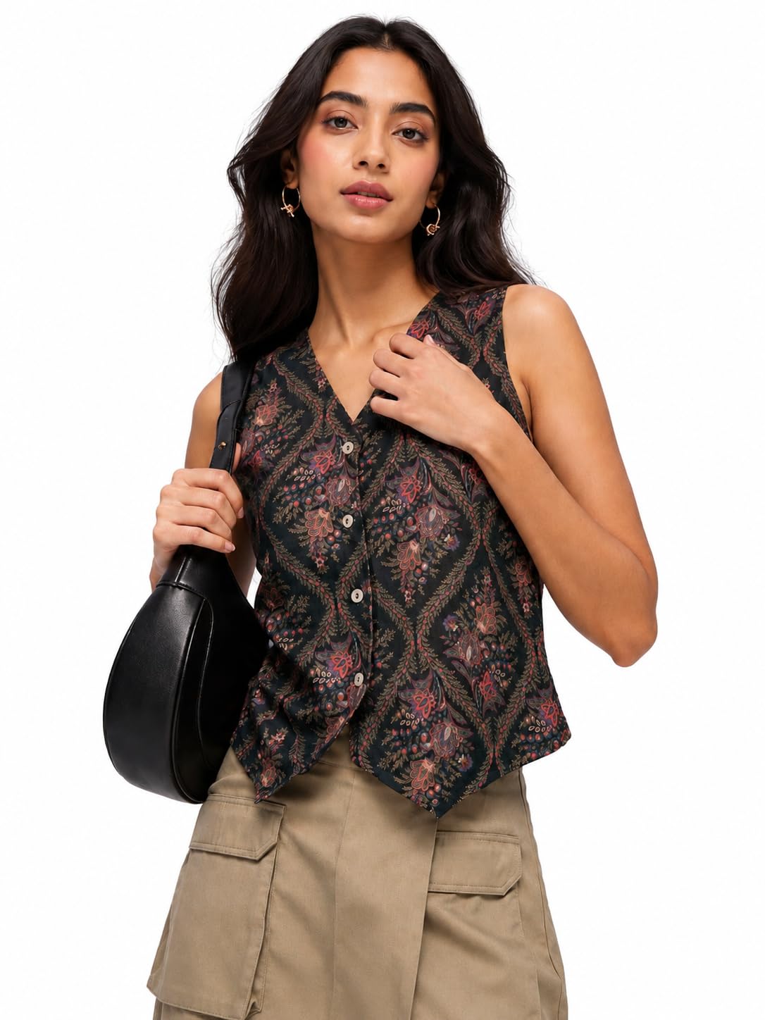 Women's Printed Sleeveless Waistcoat Vest Top | V-Neck Button-Down Casual Floral Jacquard Waistcoat | Smart Casual Fashion Layering Top-image-15