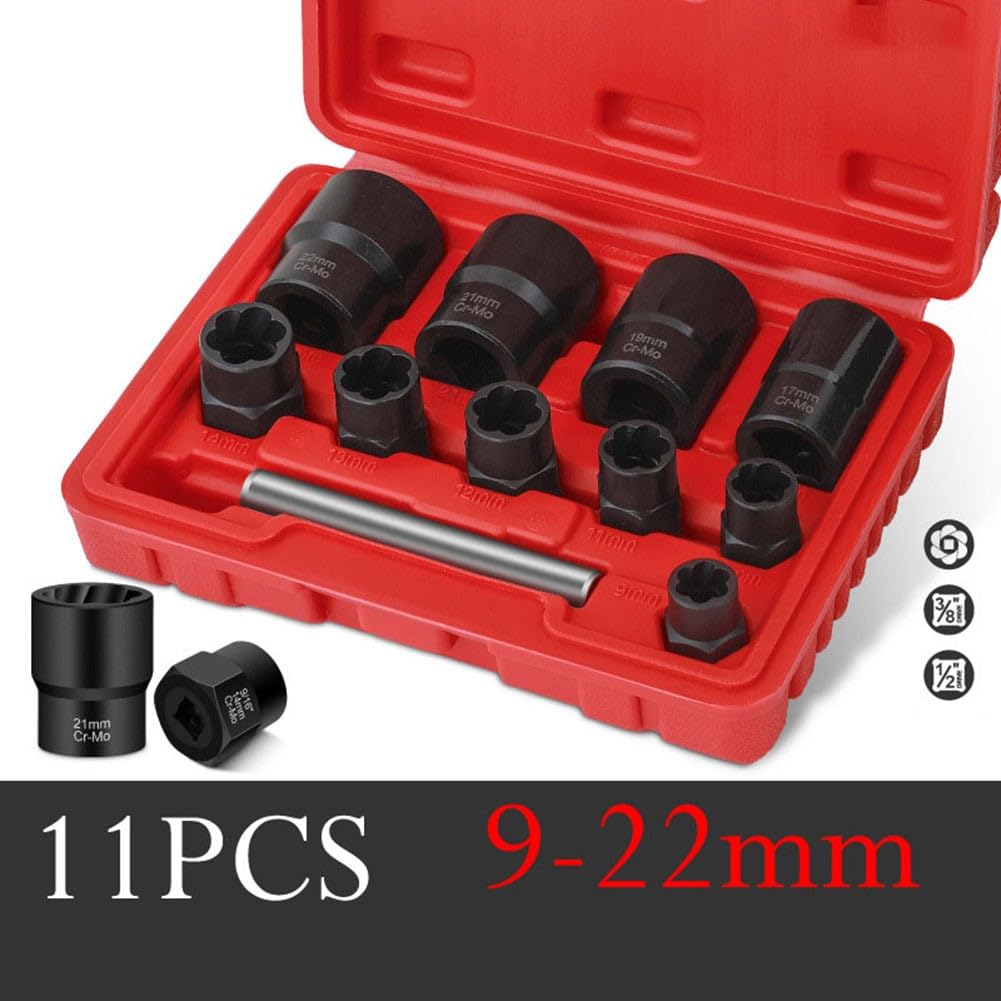 Set di 11 chiavi a bussola per estrattori di dadi in acciaio Cr-Mo per dadi spelati arrotondati, attacco da 3/8" e adattatore esagonale da 1/2" per avvitatore a percussione