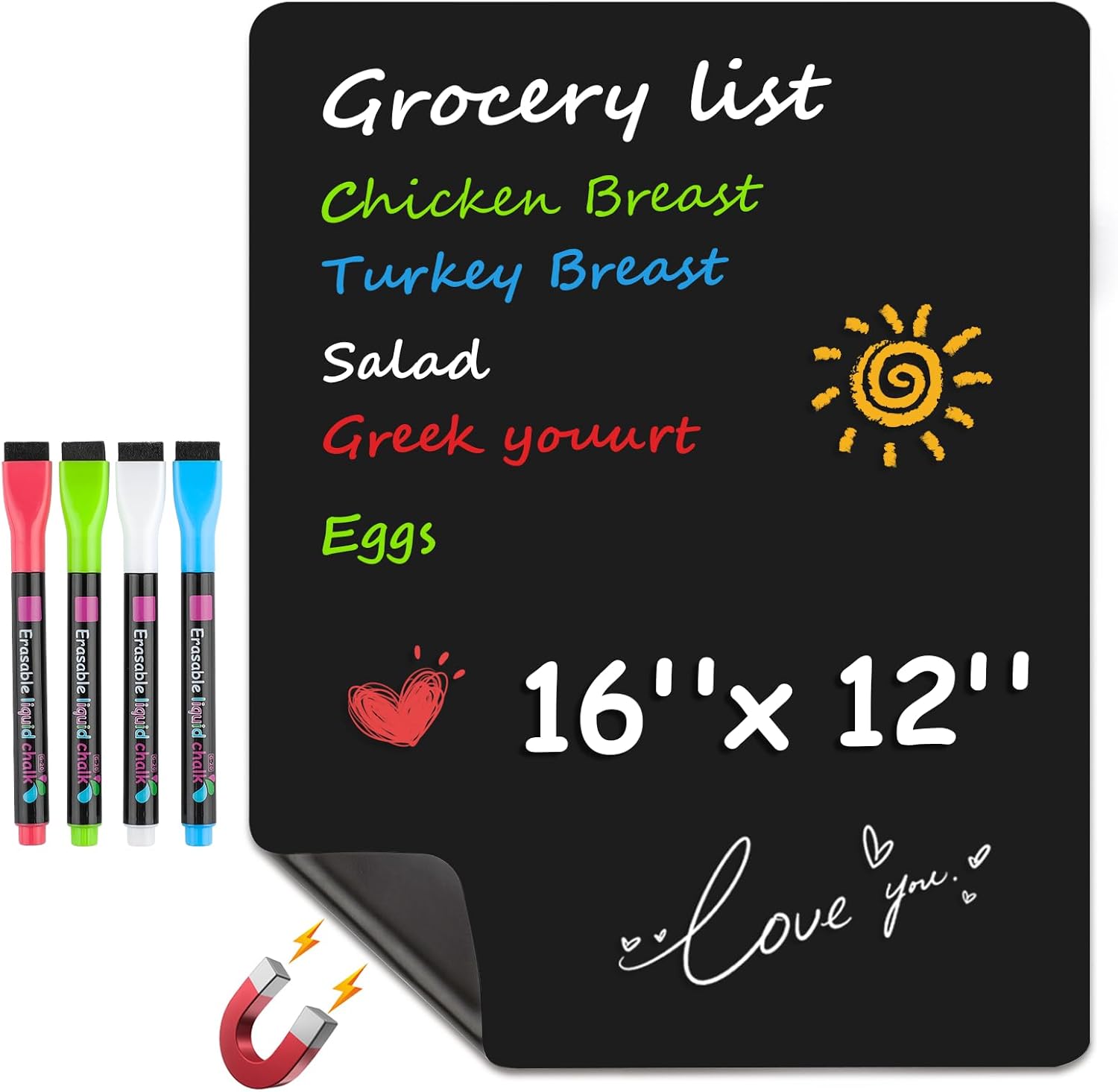 MaxGear Magnetic Black Dry Erase Board Sheet for Refrigerator, 16″x12″ Fridge Magnetic Whiteboard for Kitchen, Fridge Shopping List for Family Planner and Grocery List, 4 Chalk Markers