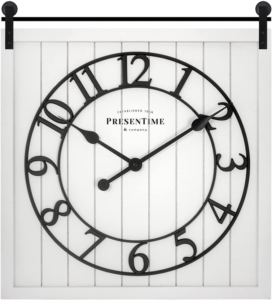 PresenTime & Co Farmhouse Barn Door Clock, Shiplap Style, White Color, Silent No Ticking, 3D Arabic Numeral, 23" H x 21" W