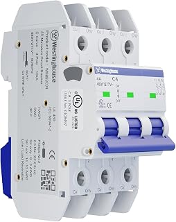 Westinghouse UL 489 AC Miniature Circuit Breaker, 4 Amp, 3 Pole, C Curve, 480Y/277V AC, 10kA SCCR, Thermal Magnetic Trip, DIN Rail Breaker, White, WMBB3C04-1