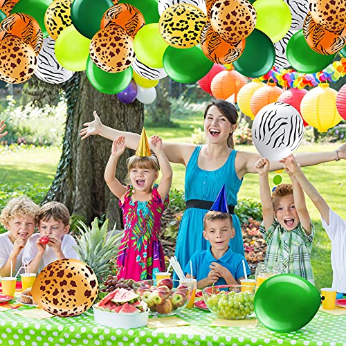 Lenwen 50 Pieces Safari Balloons 12 Inch Jungle Theme Party Balloons Safari Animal Latex Balloons Green Leopard Zebra Tiger Printed Balloon With 1 Roll Ribbon For Safari Forest Tropical Theme Party #TOP2