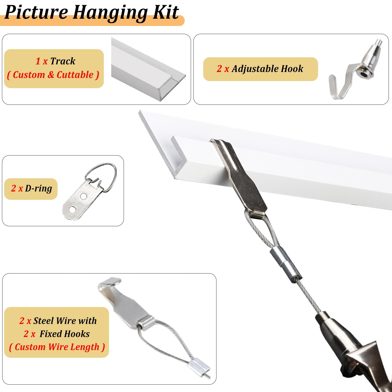 Cimaise pour Tableau Kit de Suspension pour Tableaux avec Câble et Crochets, Rail Vertical pour Accrocher des Œuvres, Support D'Affichage pour Photos / Panneaux(3.0m/9.8' Wire,63"/160cm Track)
