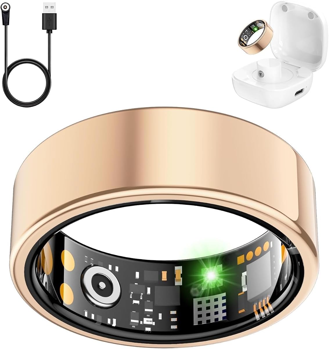 Anillo inteligente para mujeres y hombres, anillo de fitness con frecuencia cardíaca, oxígeno en sangre, estrés, rastreador de sueño, rastreador de pasos, anillo de ajuste sin tarifa de suscripción, anillo inteligente impermeable IP68 para iPhone y Android (oro rosa, 8#)
