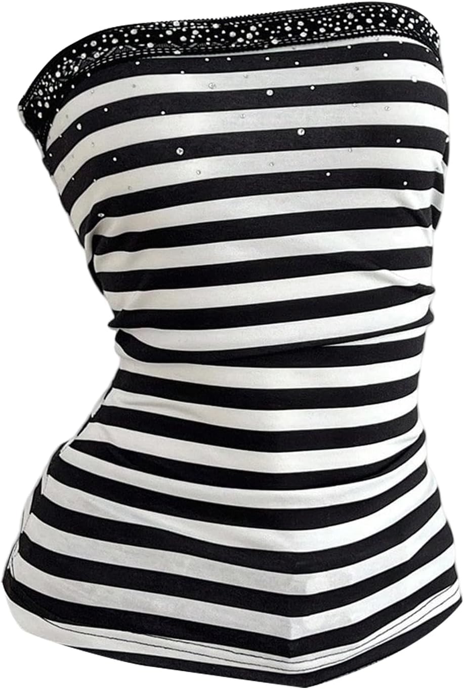 WDIRARA Women's Striped Tube Top Rhinestone Strapless Sleeveless Bandeau Tops