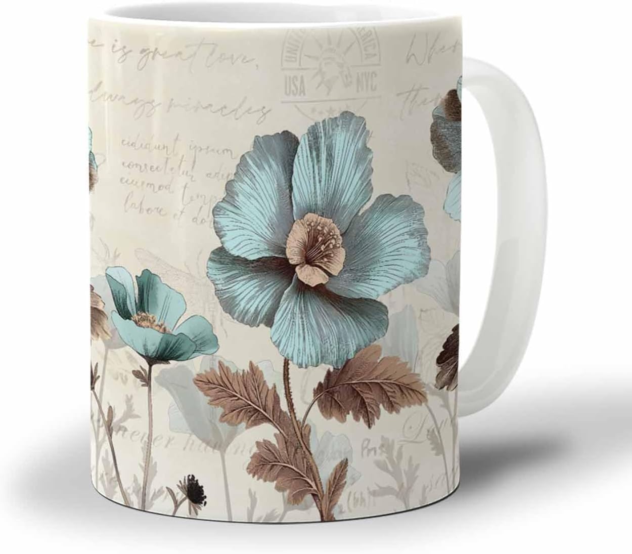 BEMIGO Ceramic Coffee Mug Vintage Roccoli Flowers Ceramic Mug White Cup, Teal Green Insulated Coffee Cup with Handle with Pattern Perfect for Tea and Hot Beverages, 12oz
