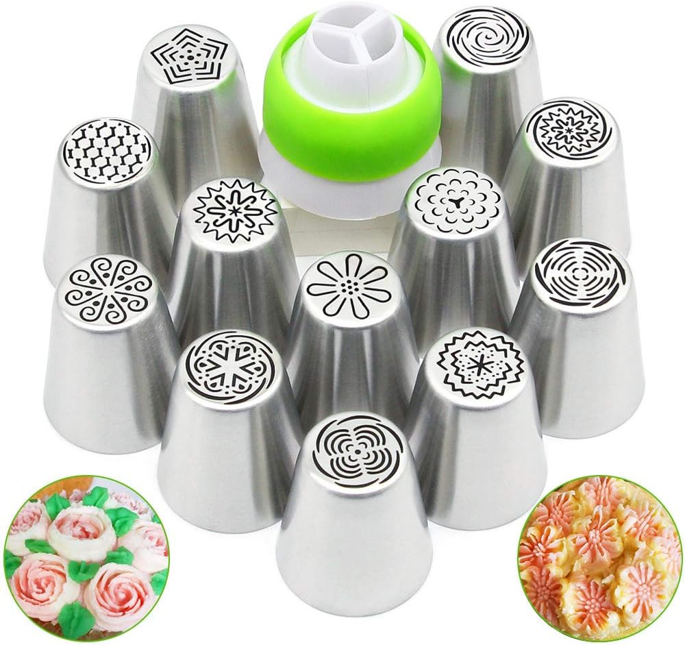 Feleph Russian Piping Tips 13 Pcs Baking Supplies Cake Decorating Tools for Cupcake Cookie 12 Russian Icing Nozzles 1 Coupler Big Frosting Set