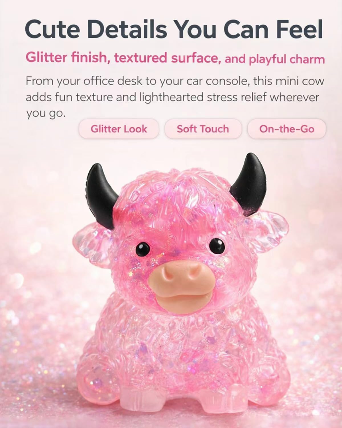 Glitter Highland Cow Squishies Fidget Toy, 2026 New Highland Cow Decor, Sensory Squeeze Toy for Adults & Kids, Anxiety Relief Desk Decor, Easter Basket Stuffer (4pc)