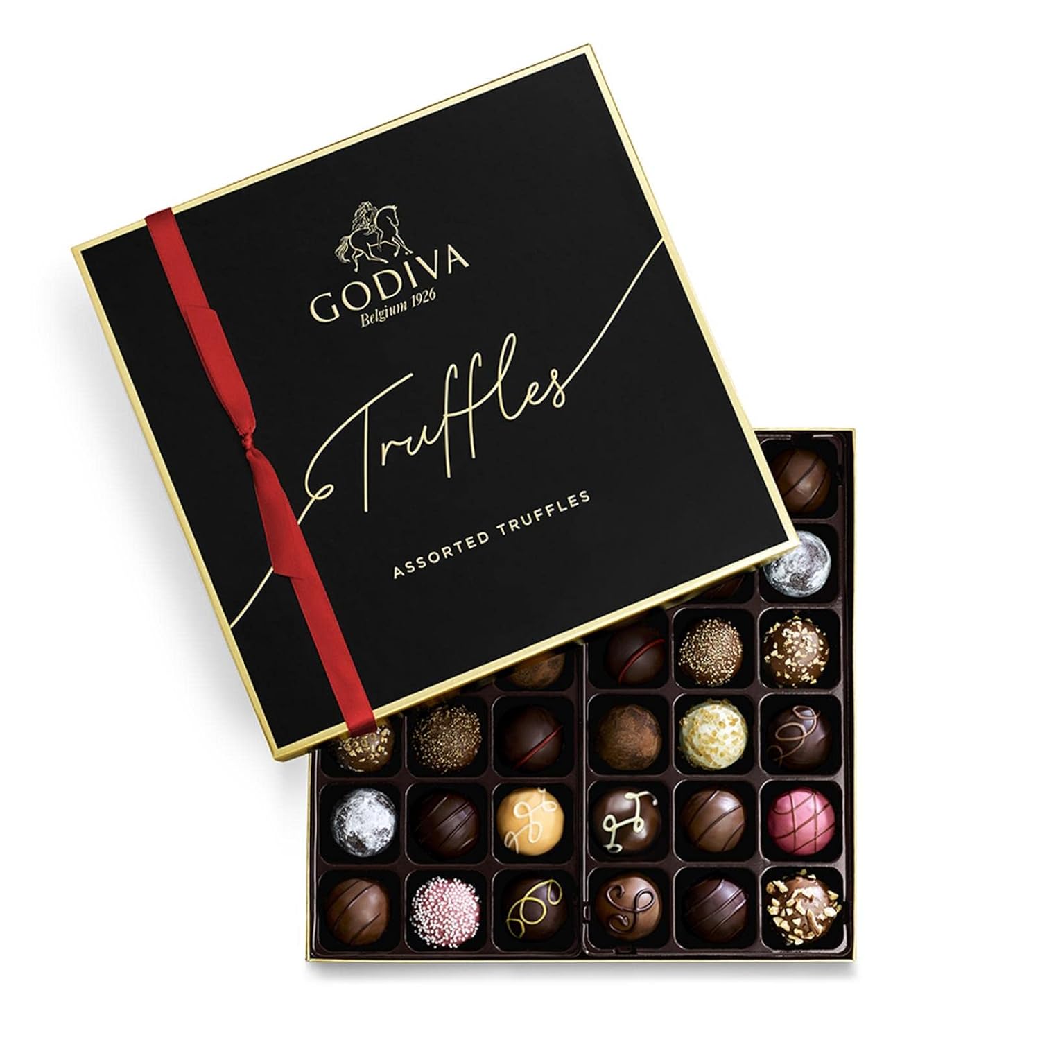 Godiva Chocolatier Signature Truffles Gift Box with Red Ribbon – 36 Piece Assorted Milk, White and Dark Chocolate Truffles with Gourmet Fillings - Unique Gift for Chocolate Lovers