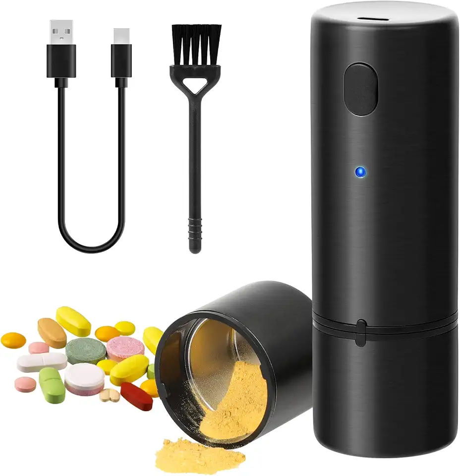Vucchini Triturador de comprimidos elétrico portátil, moedor de comprimidos para pó fino, moer e pulverizar medicamentos e comprimidos de vitaminas para idosos, animais de estimação (preto)