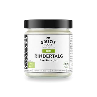 Grizzly Foods • BIO Rindertalg (1 x 330g) • Organic Beef Tallow • 100% natürlich • Hoher Rauchpunkt • Ohne Zusätze • Perfekt für Braten, Backen, Frittieren • Cremige Textur & buttrig-grasiges Aroma - Amazon product rated Grade A