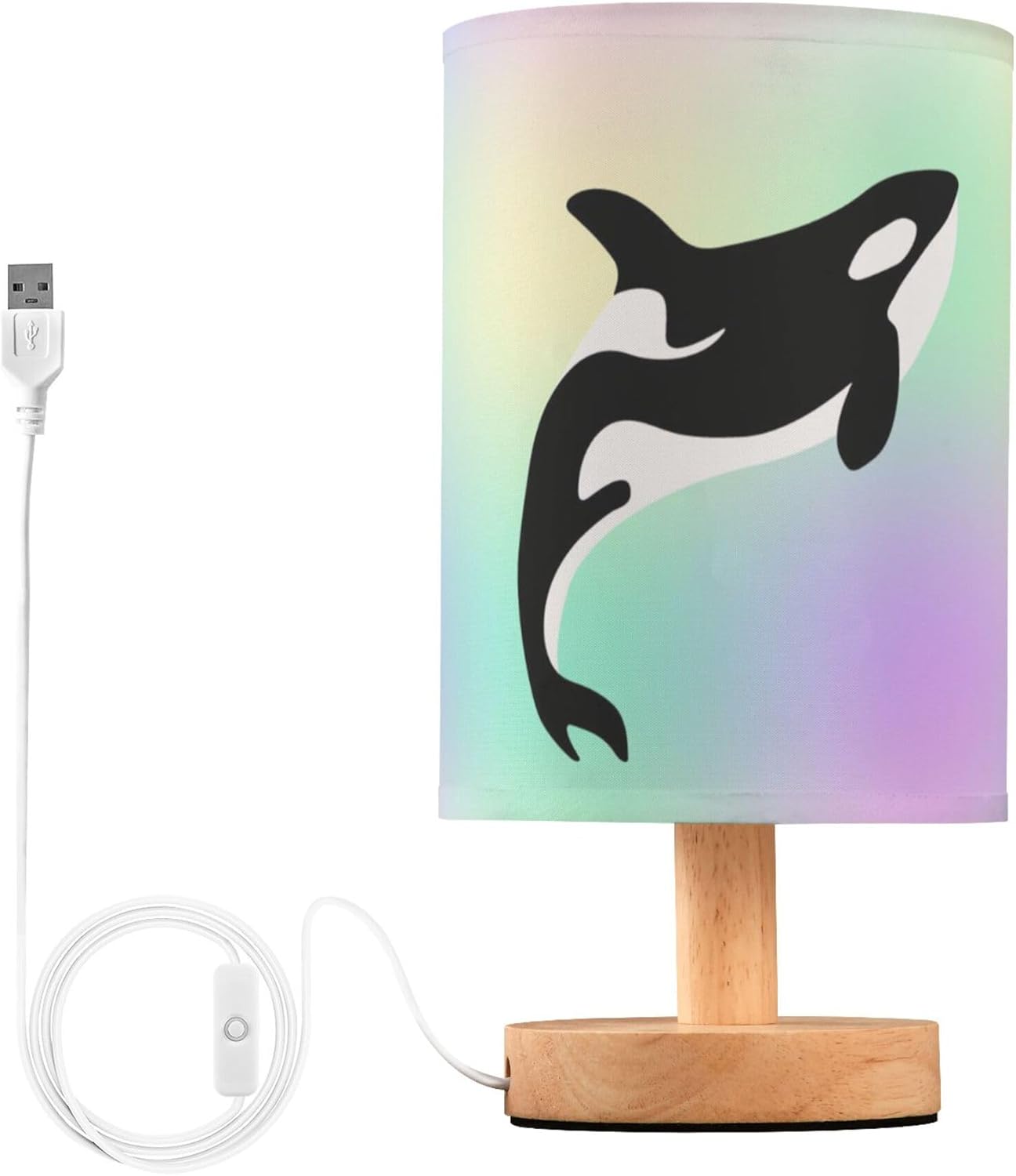 Table Lamp Killer Whale in Swimming Pool Orca Swim in Water on Pastel Color Nightstand Lamp with Wood Base Fabric Lamp Shade Bedside Desk Lamp for Living Room Bedroom Kids Room Office