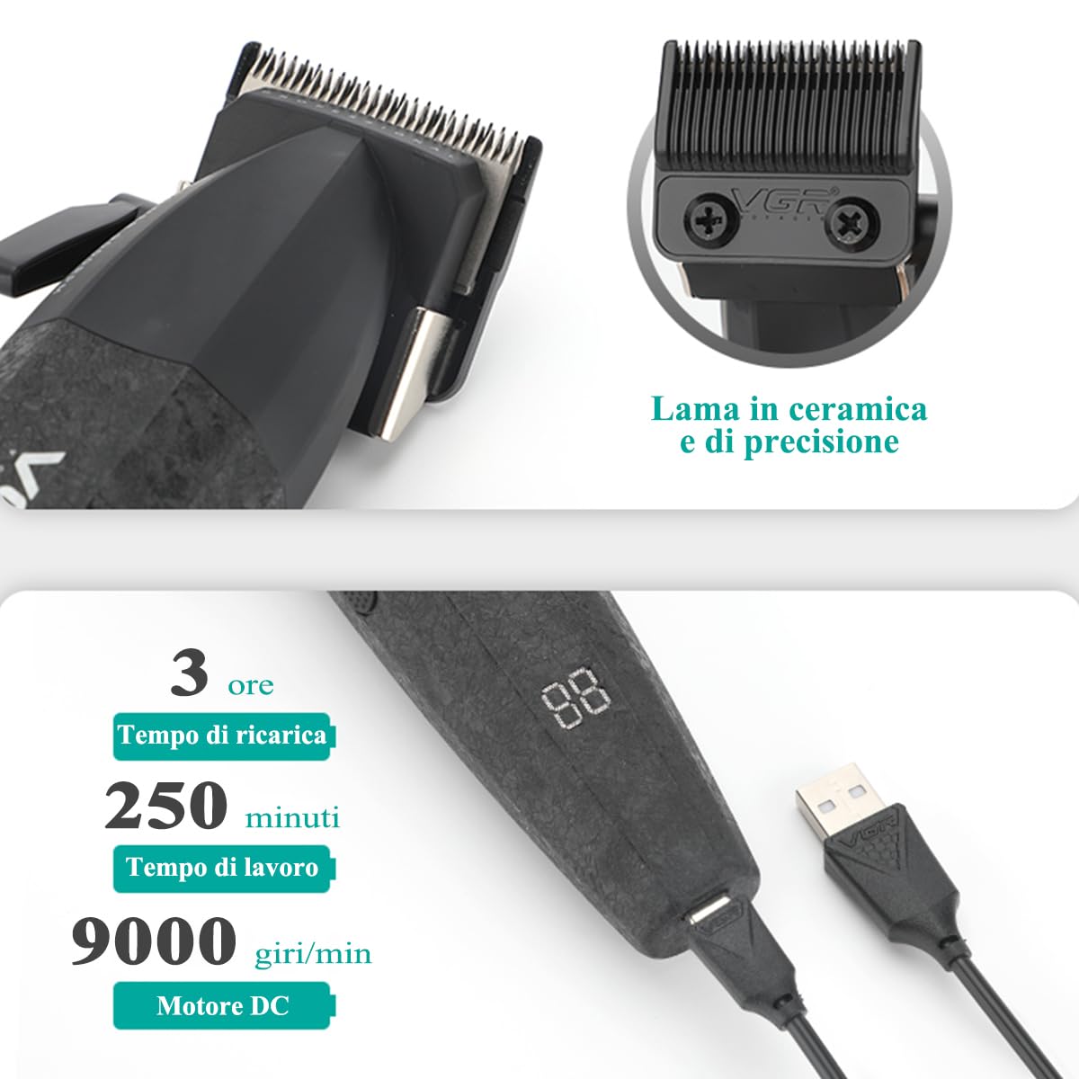 VGR 640 Tagliacapelli Professionale Per Uomo, Set Di Tagliacapelli E Trimmer Senza Fili, Zero Gap T-Blade, Lama In Ceramica DLC, Kit Barbiere Di Alta Qualità Con Display LED (Nero)