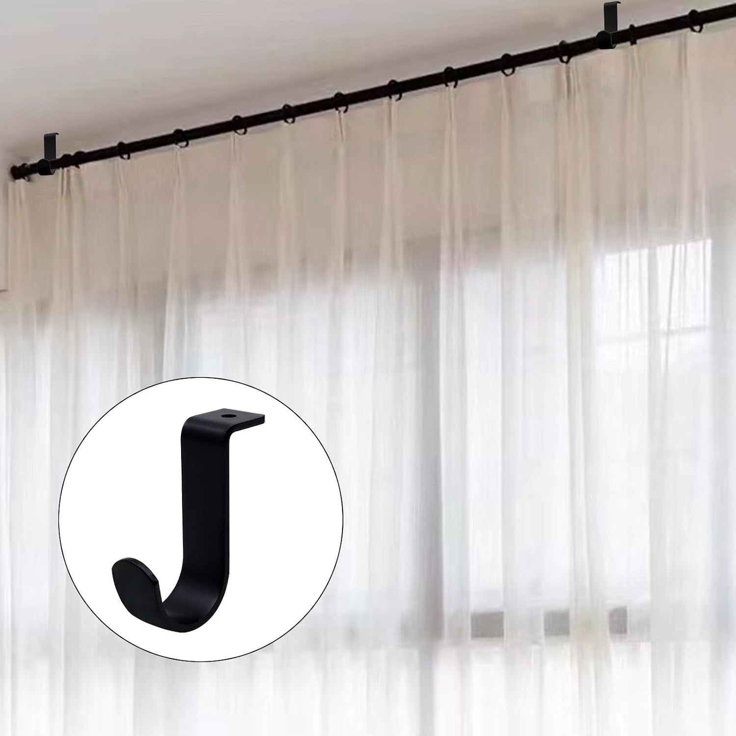 Ceiling Mount Curtain Rod Brackets 6 Pack Metal Holders with Screws, Sturdy Hooks for Bedroom, Living Room, Office, Black