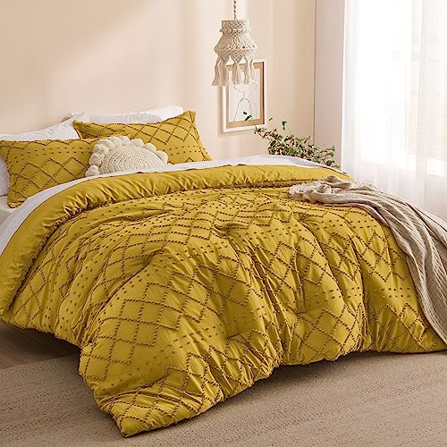 Image of Bedsure Queen Comforter Set - Mustard Yellow Comforter, Boho Tufted Distressed Vintage Bedding for Kids, 3 Pieces Farmhouse-Style Bed Set for All Seasons, Fluffy Soft Bedding with 2 Pillow Shams