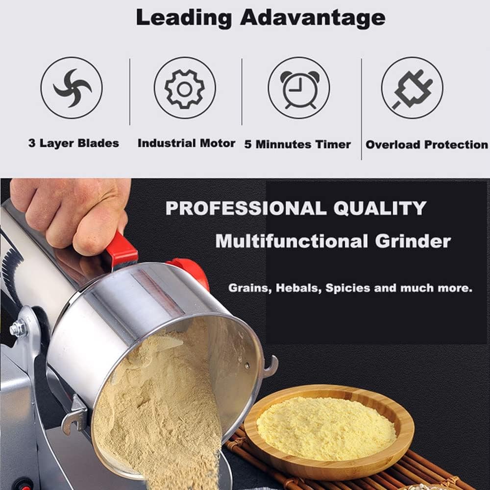 2000G Electric Grain Mill Grinder High-Speed Spice Herb Grinder Swing Type Stainless Steel Dry Food Pulverizer with 5 Min Timer Cereal Crusher for Cereal Coffee Spices Bean 36000 RPM 2500W