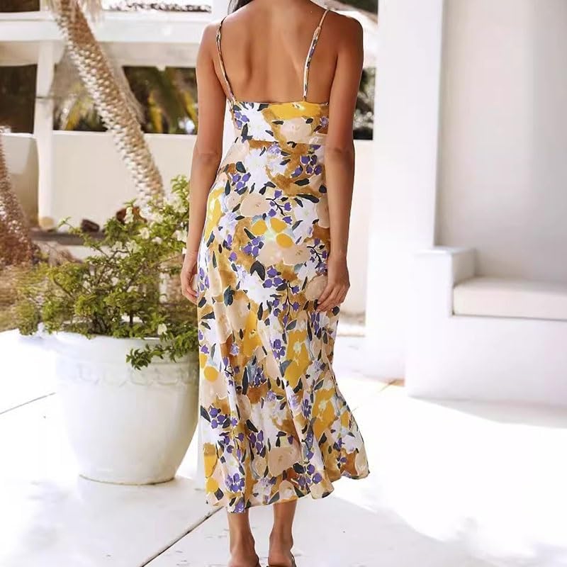 JSEIAJB Sleeveless Slit Suspenders Skirt High Waist V-Neck Dress Fashion Beach Backless Dress