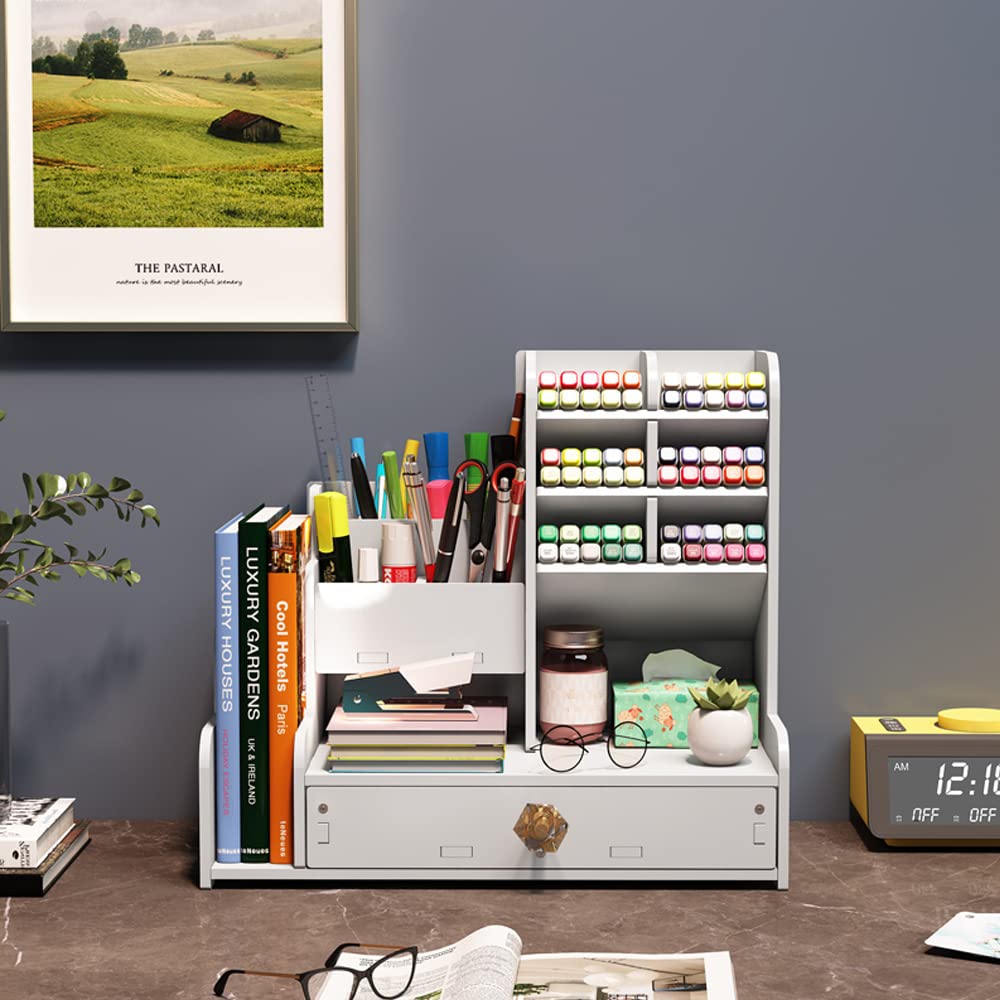 NUODWELL Organizador de escritorio con cajón, soporte para lápices y organizador de suministros de arte para el hogar, la oficina y la escuela, blanco
