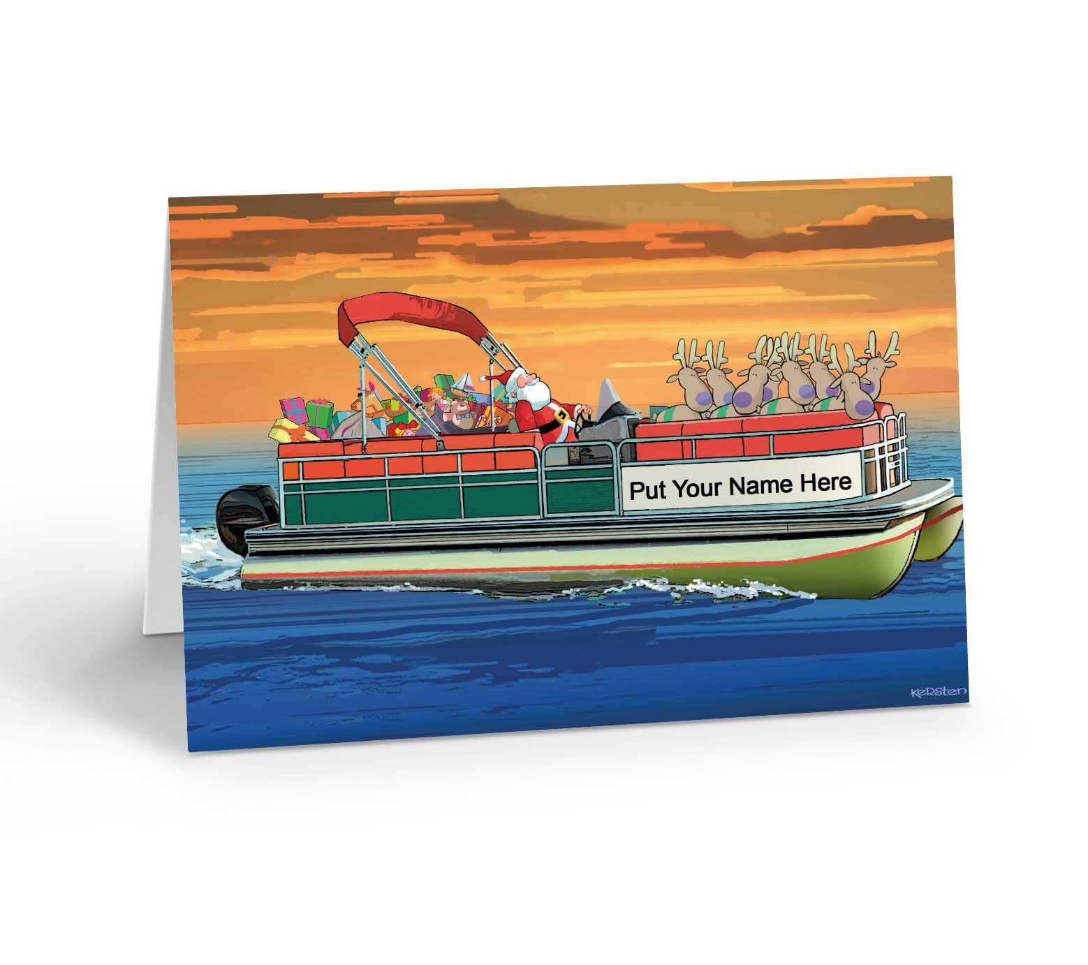 Stonehouse Collection | Pontoon Boat Sunset Custom Boating Christmas Cards | 24 Personalized Nautical Cards | USA Made(Pontoon Boat)