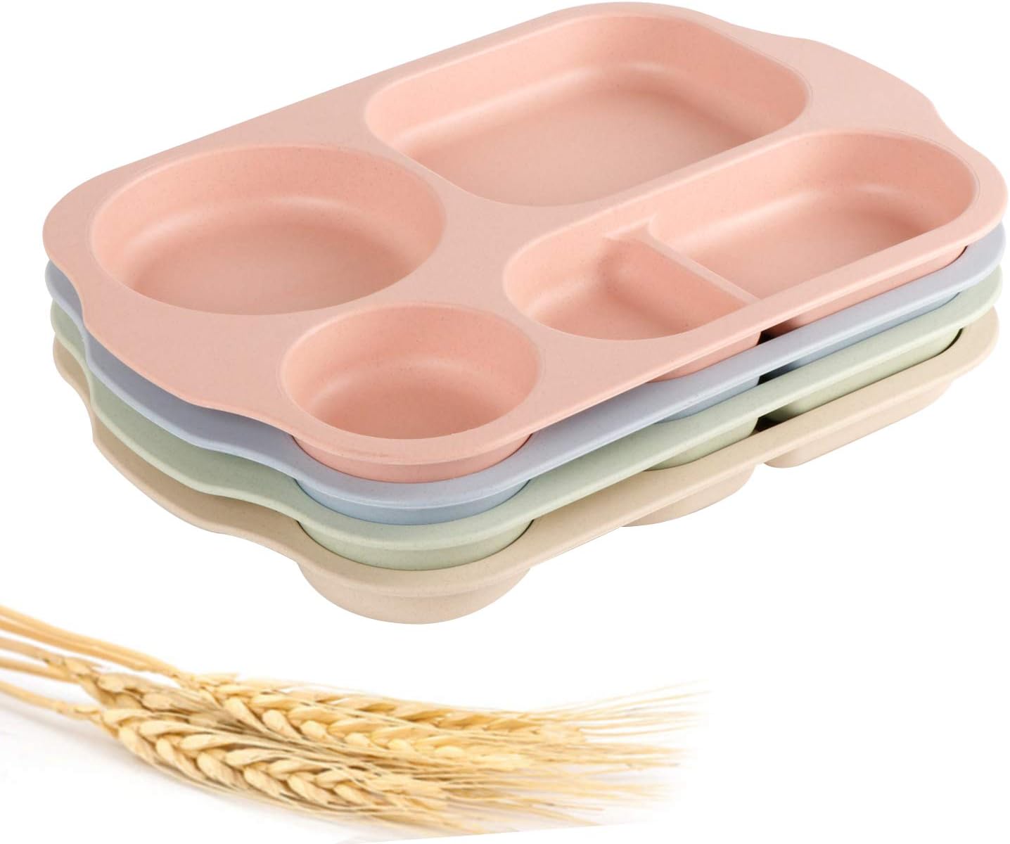 Shopwithgreen Unbreakable Divided Plates - Large 11 Inch 4 PCS Microwave Dishwasher Safe Tray for Kids Adults - Wheat Straw Plastic Material, Lightweight, Durable