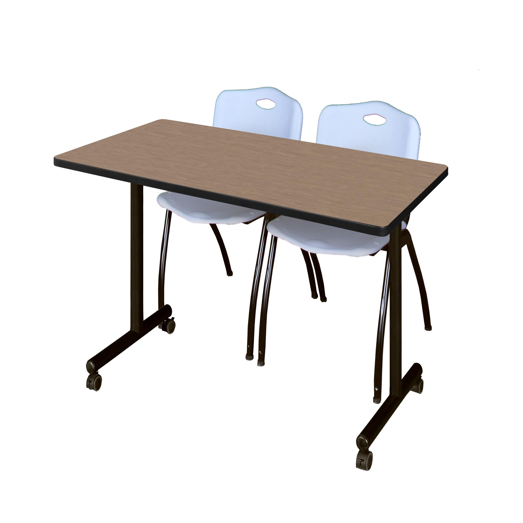 Romig Axis-Pro 48 x 24 in. Mobile T-Base Training Table- Noble Oak, 2 M Stack Chairs- Grey