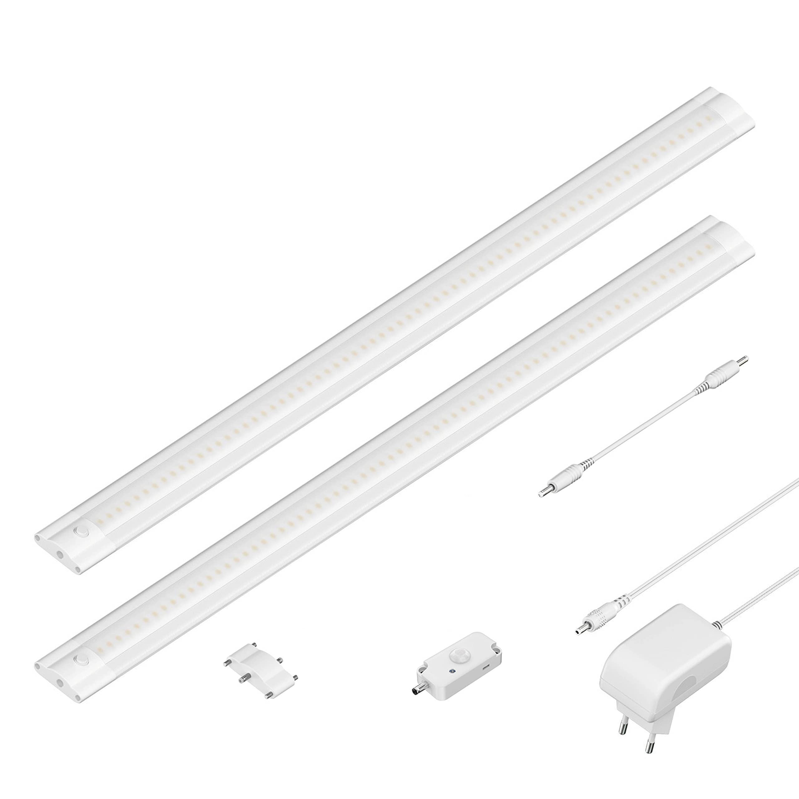 ledscom.de Luminaire d'agencement LED SIRIS blanc mat avec détecteur de mouvement, plat, 50cm chacun, 531lm chacun, blanc chaud, 2 pièces