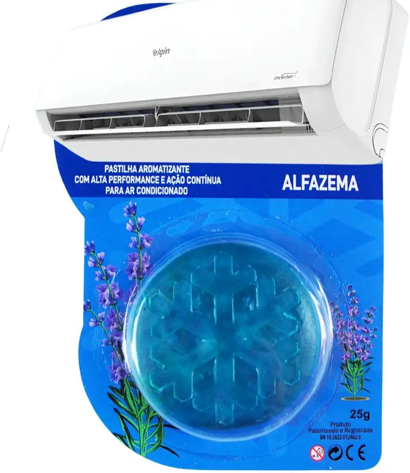 Pastilha Bactericida Aromatizante para Ar Condicionado Split – AROMA ALFAZEMA (25g) Higienizadora Ação neutralizadora de odores Aroma contínuo ELIMINA MAU CHEIRO